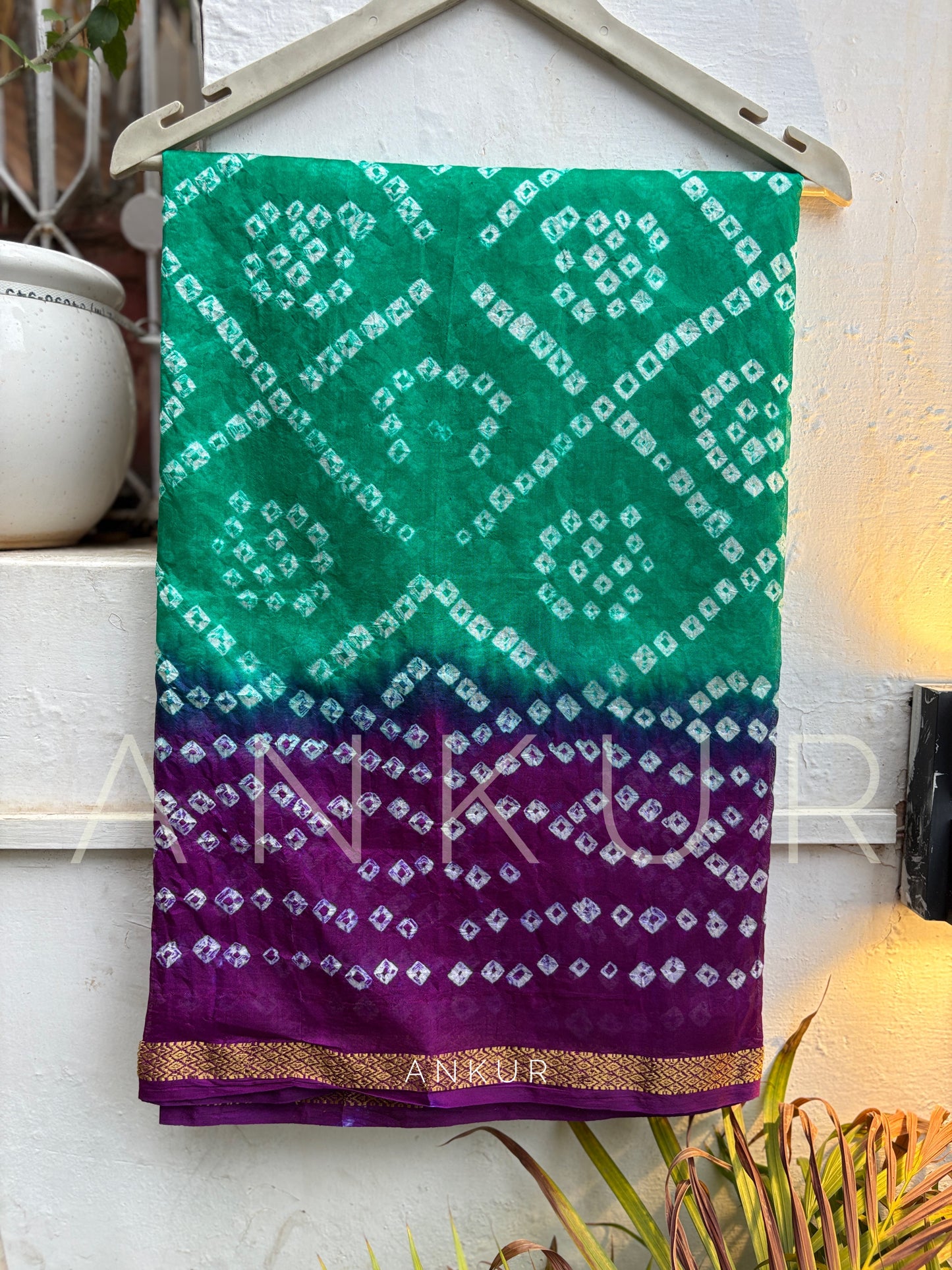 Green Violet Shades Silk Bandhani
