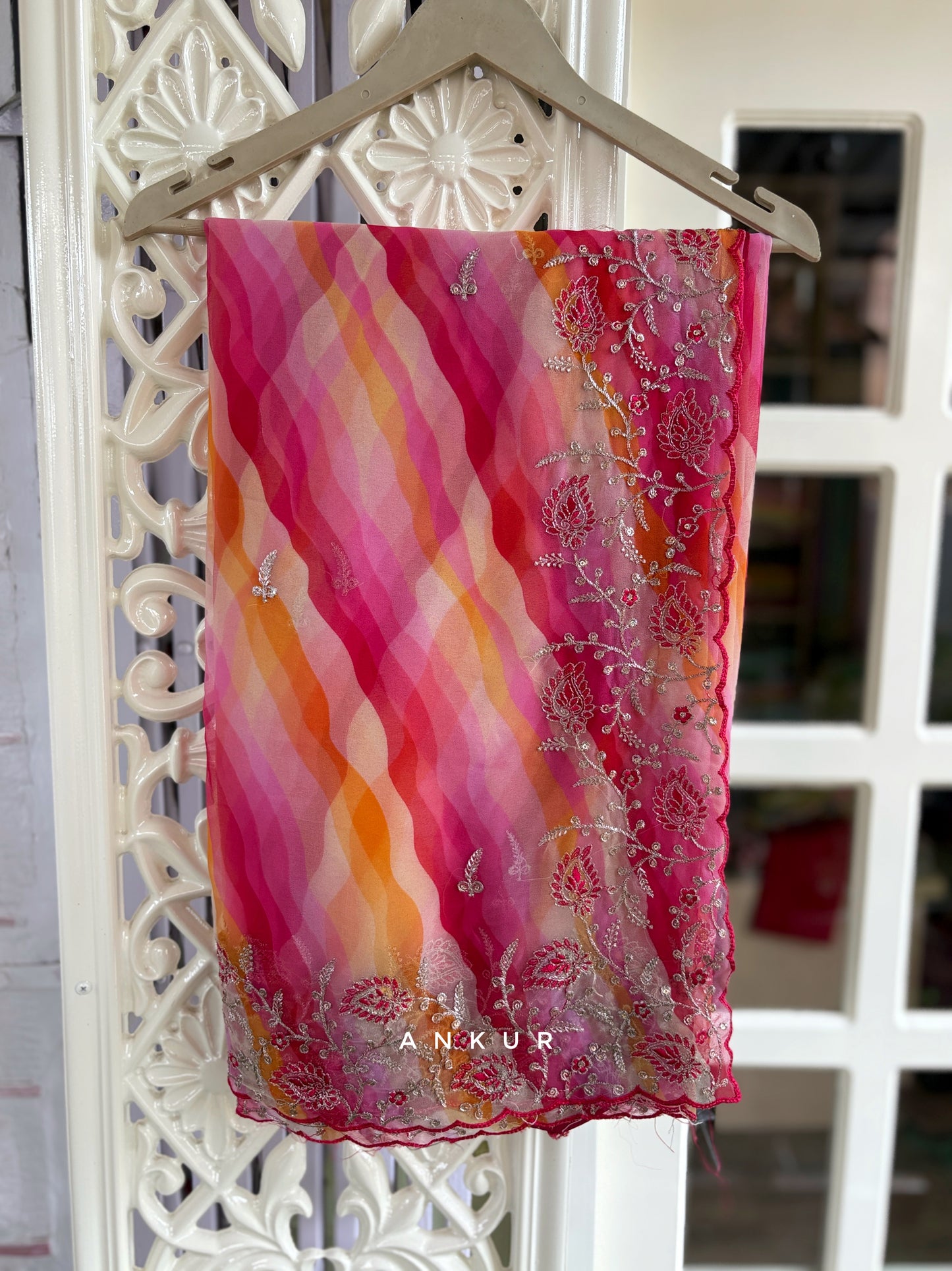 Rani Yellow Orange sunset with double Lehriya Zardozi Nagina