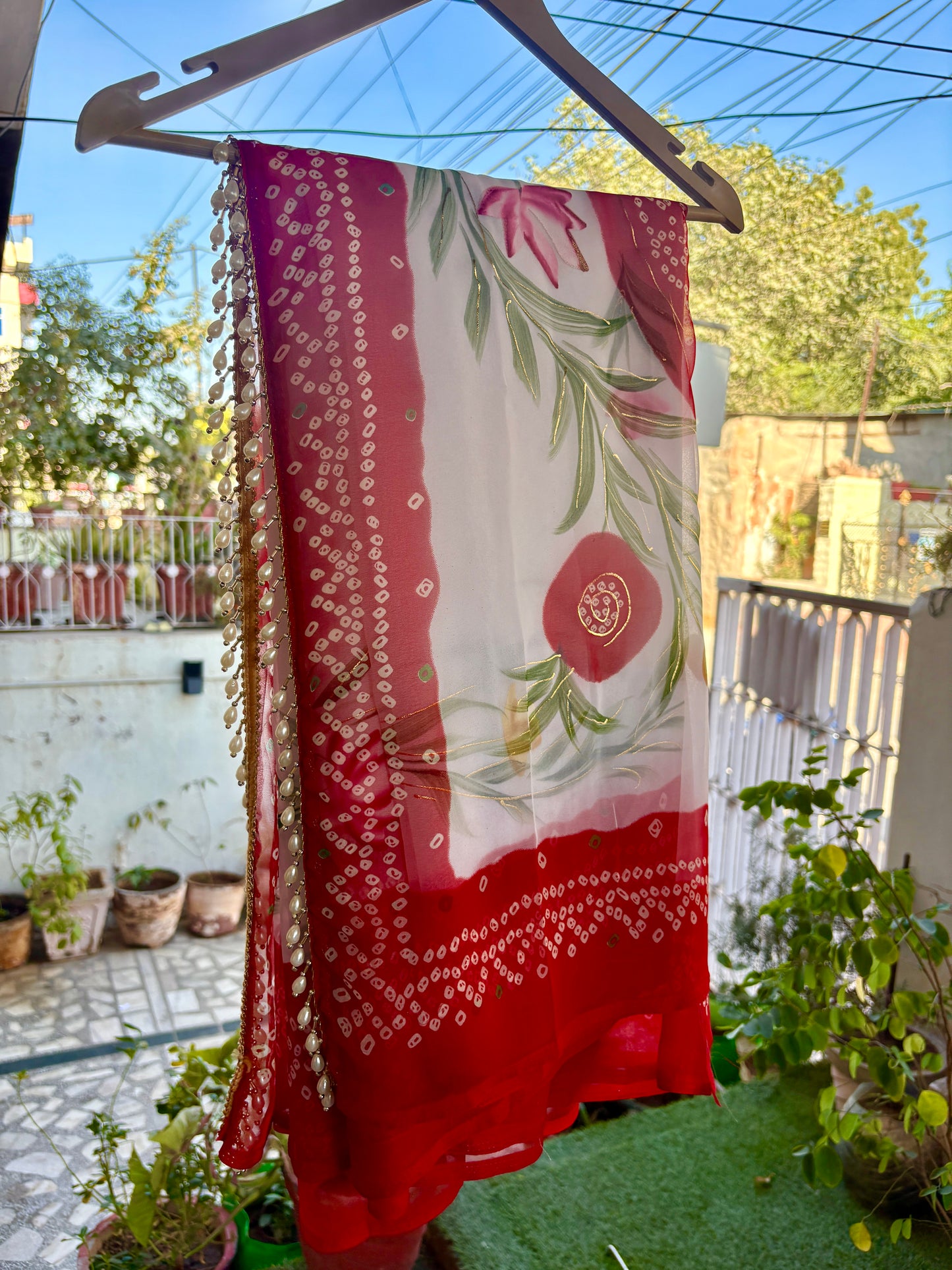 Hand Painted Red Faganiya with moti latkans