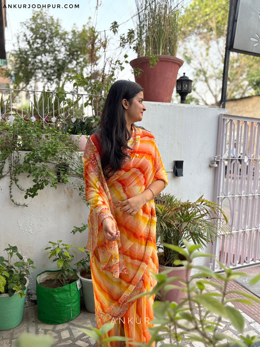 Yellow Orange sunset with double Lehriya Zardozi Nagina