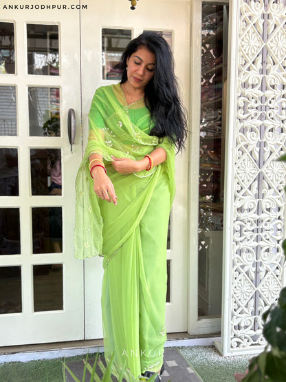 Pista Green cut dana Suhani 2.0 Half Pallu Jaal work