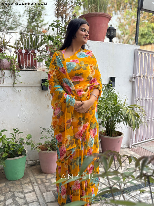 Multi Rose Honey Yellow Flower Print