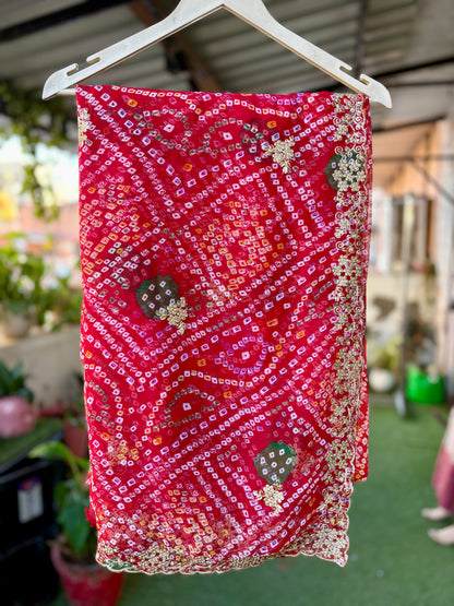 Lal bhandani with Cut work Zari Border