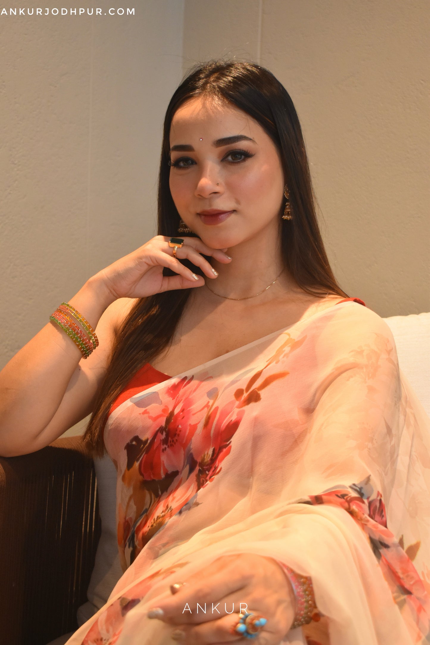 Flowery Cream Flower Vintage Isha Chiffon