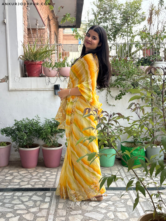 Yellow shaded with double Lehriya Zardozi Nagina