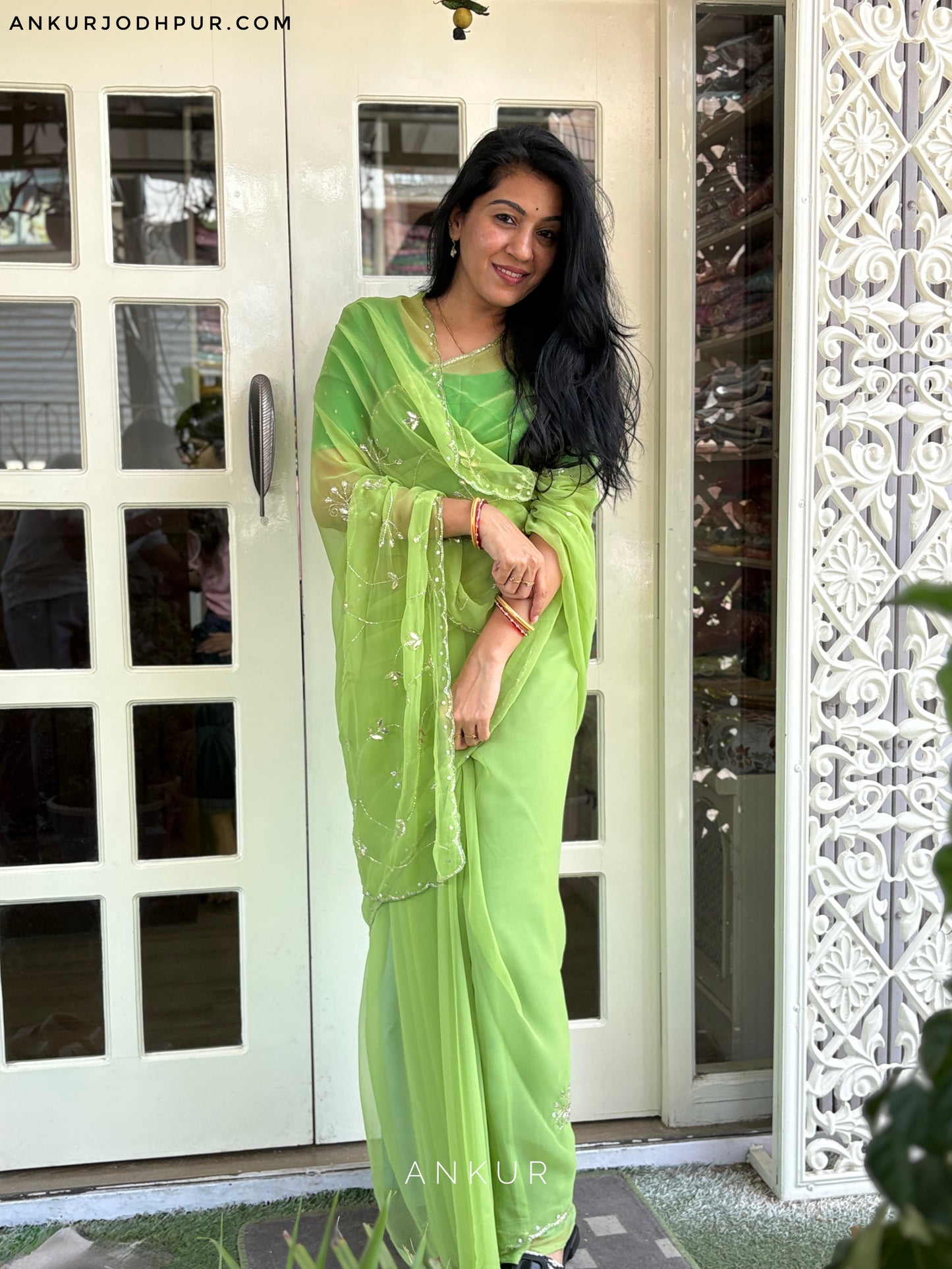 Pista Green cut dana Suhani 2.0 Half Pallu Jaal work