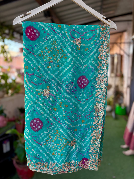 Sea Blue bhandani with Cut work Zari Border