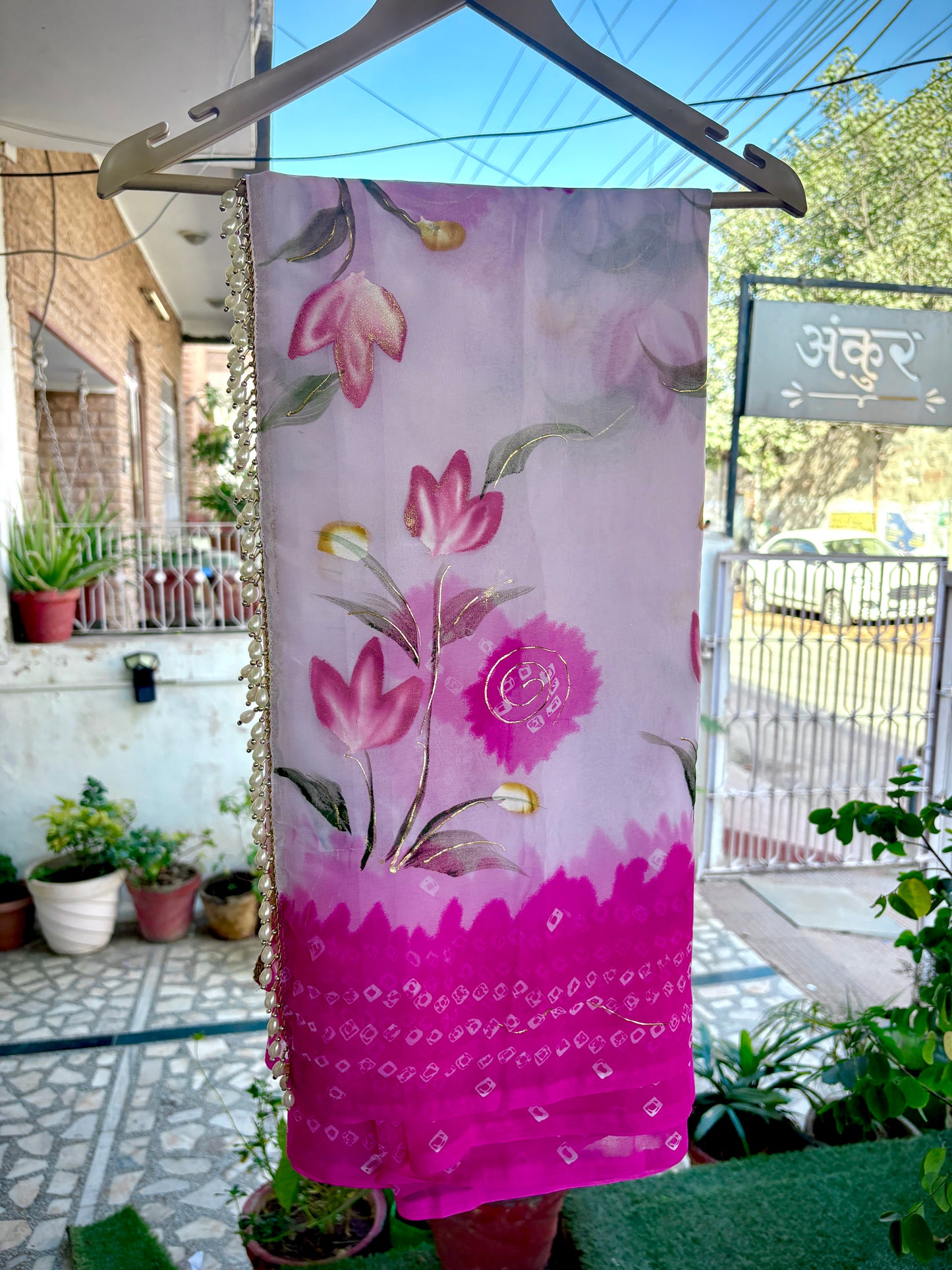 Hand Painted Gulabi Faganiya with moti latkans