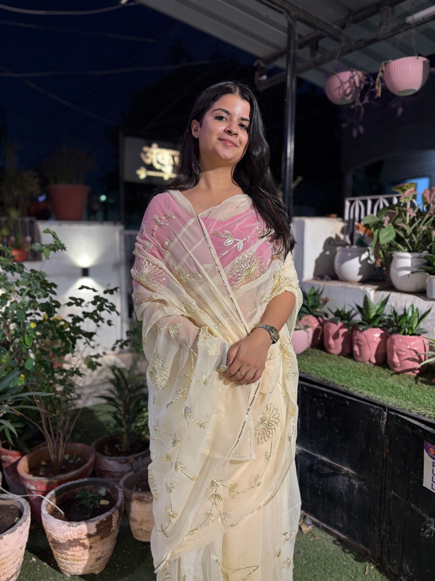 Soft yellowis cream in Jaal work Anvi