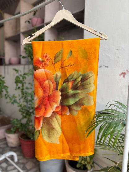 Yellow Crep Big Flower Silk saree