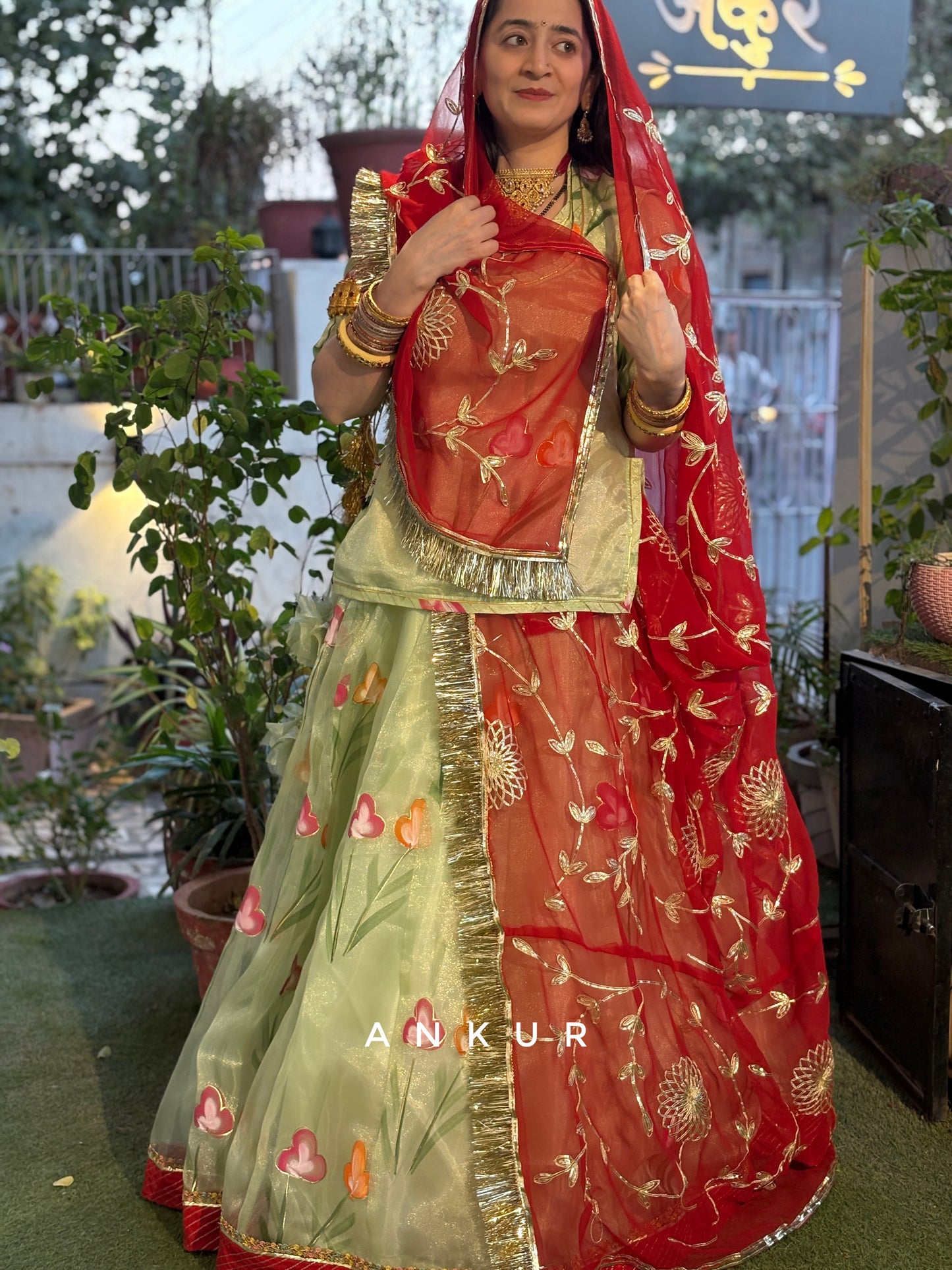 Green with Red Rajputi Poshak