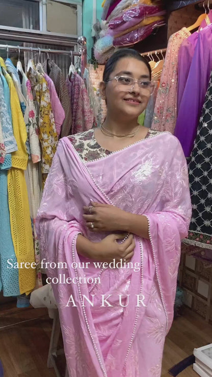 Pink based Chinon Sequins Premium Saree